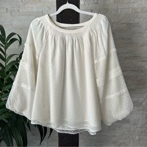 LOFT Cream Offwhite Swiss Dot Whimsy Peasant Cottagecore Blouse Size M